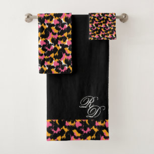 Monogram Animal Print Pink Orange Black Bath Towel Set