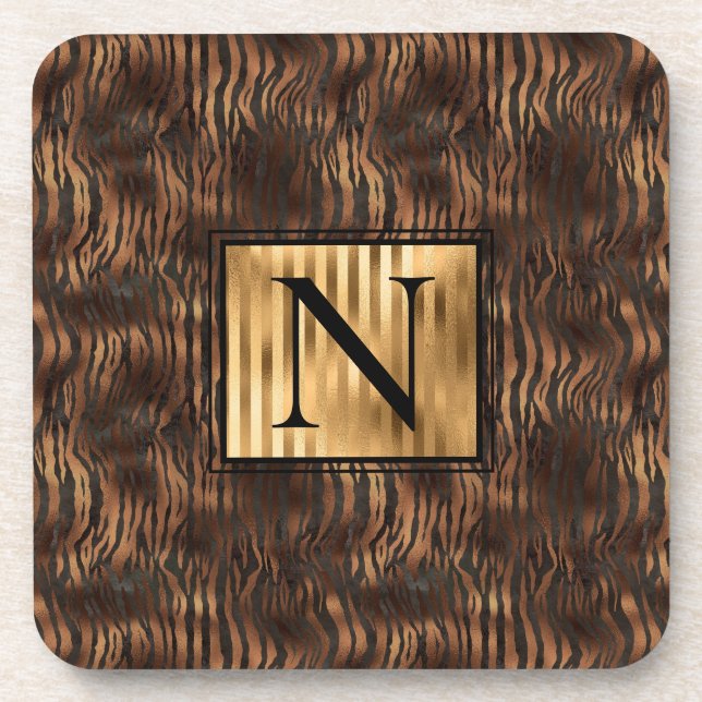 Monogram Animal Tiger Print Gold Elegant Metallic Coaster (Front)