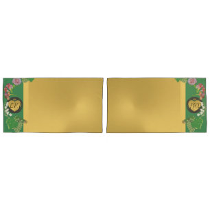 Monogram Anniversary Floral Green/Gold Pillowcase