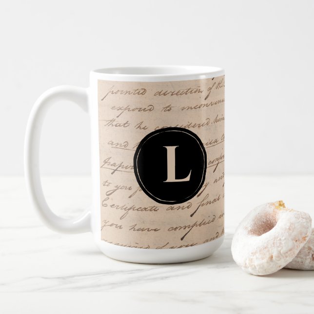 Monogram Antique Writing Letter Handwriting Paper Coffee Mug (With Donut)