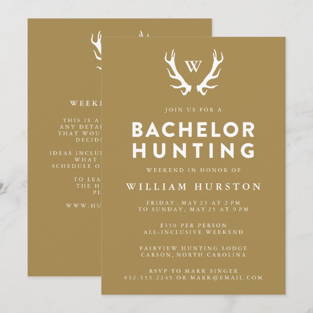 Monogram Antlers Hunting Bachelor Party Invitation (Front/Back)