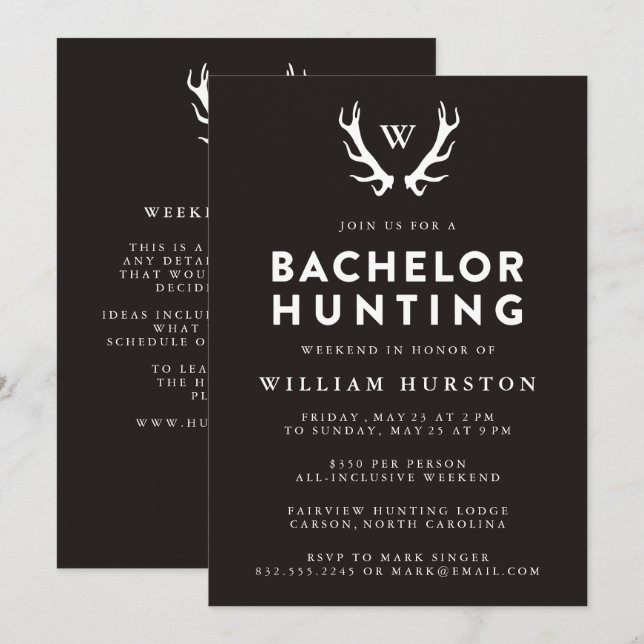 Monogram Antlers Hunting Bachelor Party Invitation (Front/Back)
