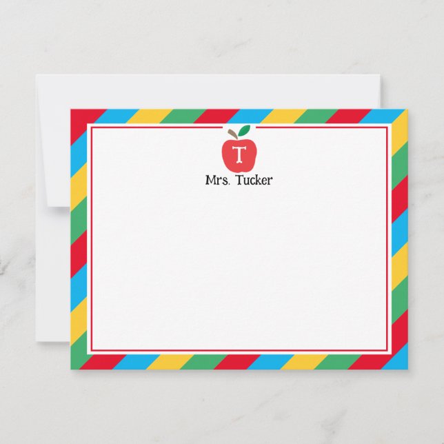 Monogram Apple Colourful Cute Teacher Stationery Card (Front)