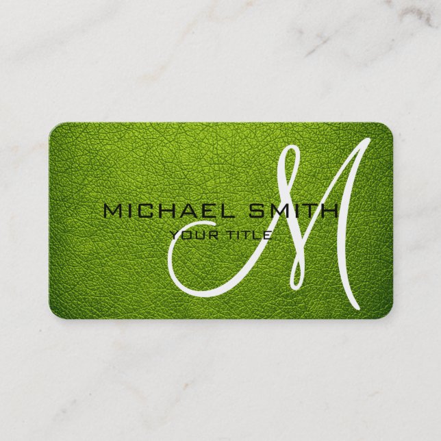 Monogram Apple Green Leather Look Business Card (Front)