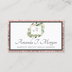 Monogram Appointment Card Rose Floral Green Glitte