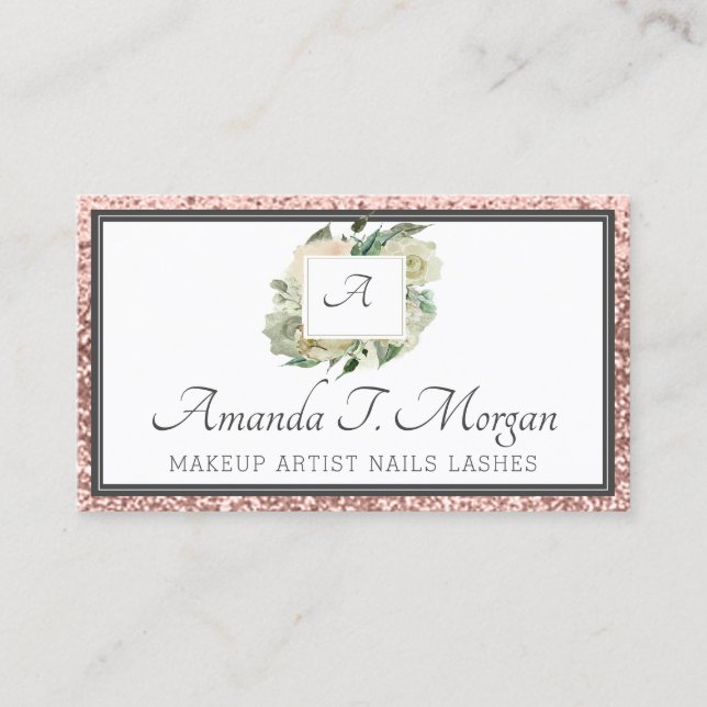 Monogram Appointment Card Rose Floral Green Glitte (Front)