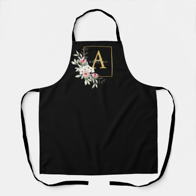 Monogram Apron Black and Gold Peony Floral (Front)