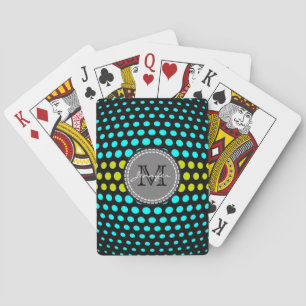 Monogram Aqua & Acid green Polka Dots Pattern Playing Cards