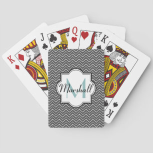 Monogram Aqua and Black Chevron Playing Cards