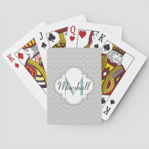 Monogram Aqua and Grey Chevron Playing Cards
