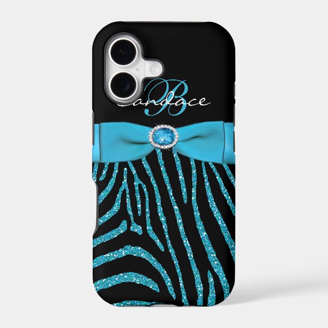 Monogram Aqua, Black Glitter Zebra iPhone 5 Case (Back)