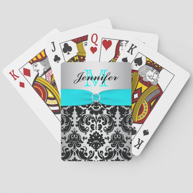 Monogram Aqua Black Silver Damask Playing Cards (Back)