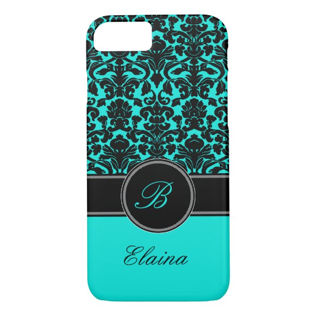 Monogram Aqua, Black, White Damask iPhone 7 Case (Back)