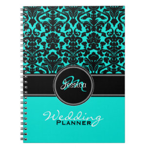 Monogram Aqua Black White Damask Wedding Planner Notebook
