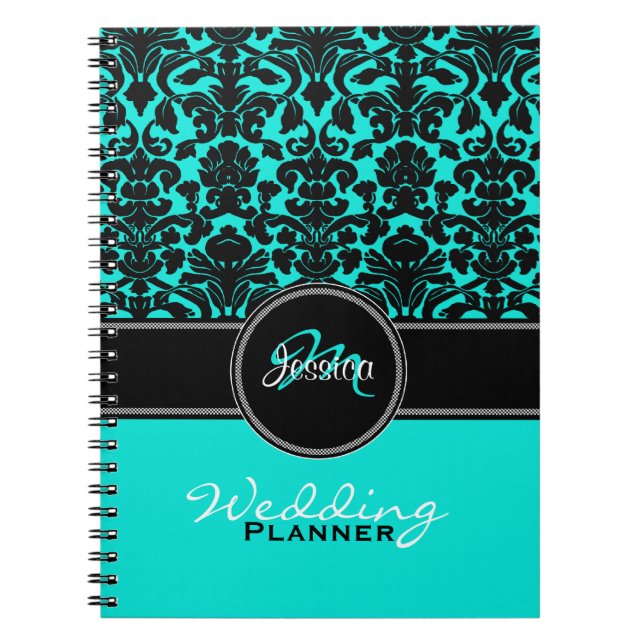 Monogram Aqua Black White Damask Wedding Planner Notebook (Front)