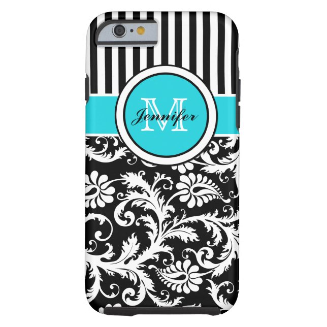 Monogram Aqua Black White Striped Damask iPhone 6  Case-Mate iPhone Case (Back)