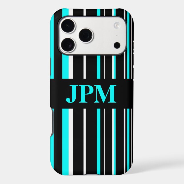 Monogram Aqua Blue, Black Barcode Stripe (Back)