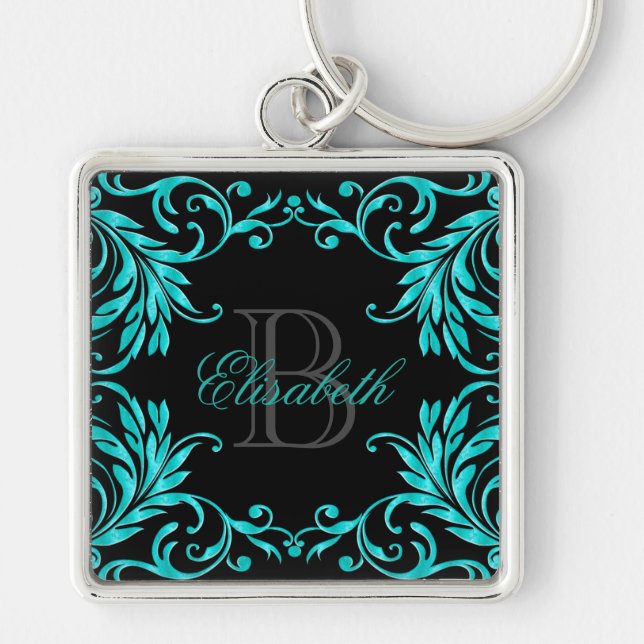 Monogram Aqua Blue Damask Key Ring (Front)