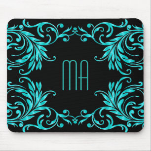 Monogram Aqua Blue Damask Mouse Mat