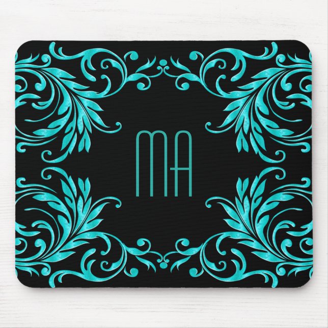 Monogram Aqua Blue Damask Mouse Mat (Front)
