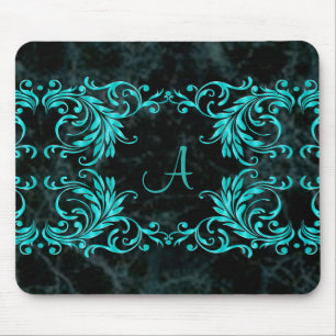 Monogram Aqua Blue Damask Mouse Mat