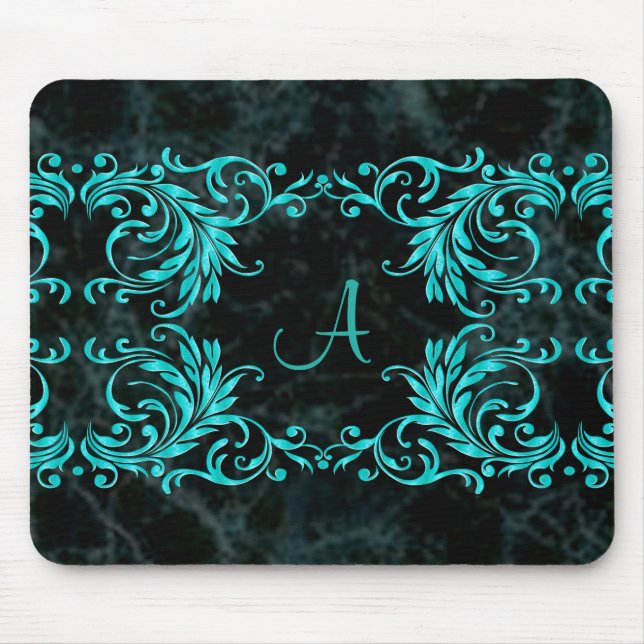 Monogram Aqua Blue Damask Mouse Mat (Front)