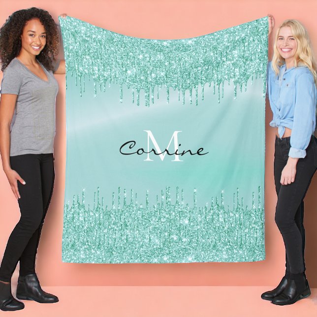 Monogram Aqua Blue Dripping Glitter Metallic Name Fleece Blanket (Creator Uploaded)