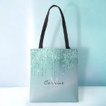 Monogram Aqua Blue Dripping Glitter Metallic Name Tote Bag<br><div class="desc">Custom monogram faux glitter simulated metallic Robins egg blue gradient reusable Tote Bag easily personalise it by adding your name and last initial for instant glam.</div>