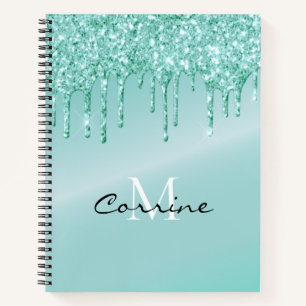 Monogram Aqua Blue Dripping Glitter Metallic Notebook