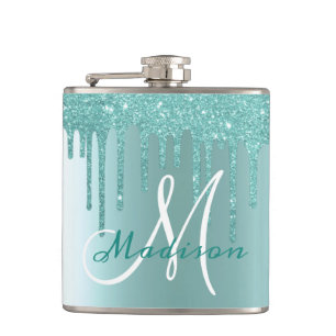 Monogram Aqua Blue Glitter Drips Girly Hip Flask