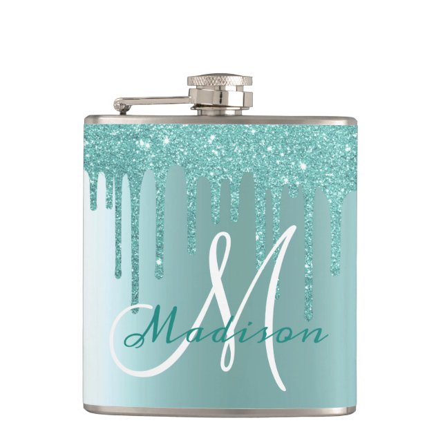 Monogram Aqua Blue Glitter Drips Girly Hip Flask (Front)