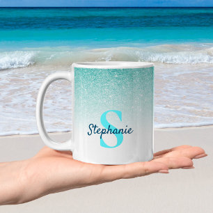 Monogram Aqua Blue Glitter Ombre Glam Coffee Mug