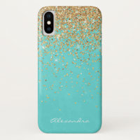 Monogram Aqua Blue Gold Glitter Confetti Girly