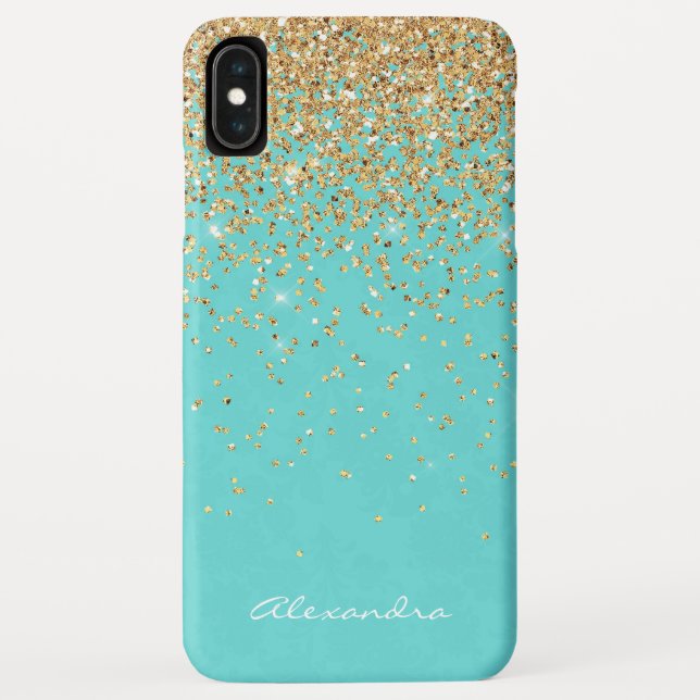 Monogram Aqua Blue Gold Glitter Confetti Girly Case-Mate iPhone Case (Back)
