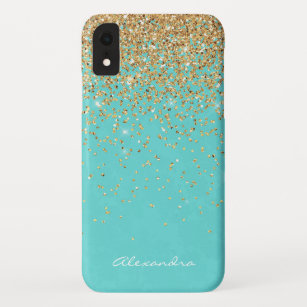Monogram Aqua Blue Gold Glitter Confetti Girly Case-Mate iPhone Case