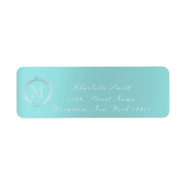 Monogram Aqua Blue Grey Silver Wreath Blush RSVP (Front)
