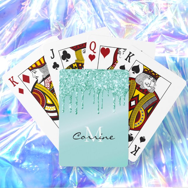 Monogram Aqua Blue Metallic Dripping Glitter Playing Cards (Creator Uploaded)