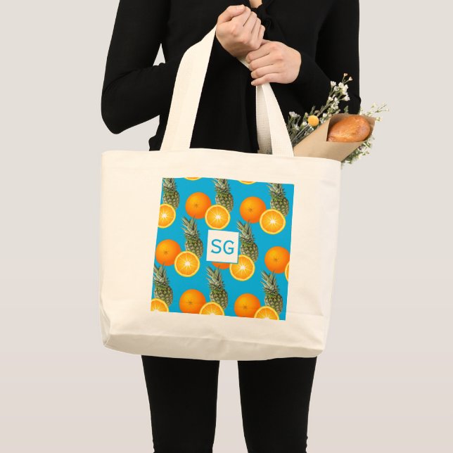 Monogram Aqua Blue Pineapple Orange Fruit Pattern Large Tote Bag (Front (Product))