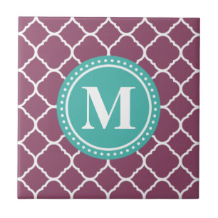 Monogram Aqua Blue Purple Quatrefoil Pattern Tile
