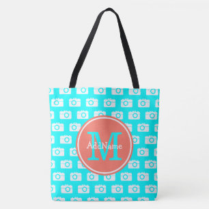 Monogram Aqua Camera Pattern with Custom Name Tote Bag
