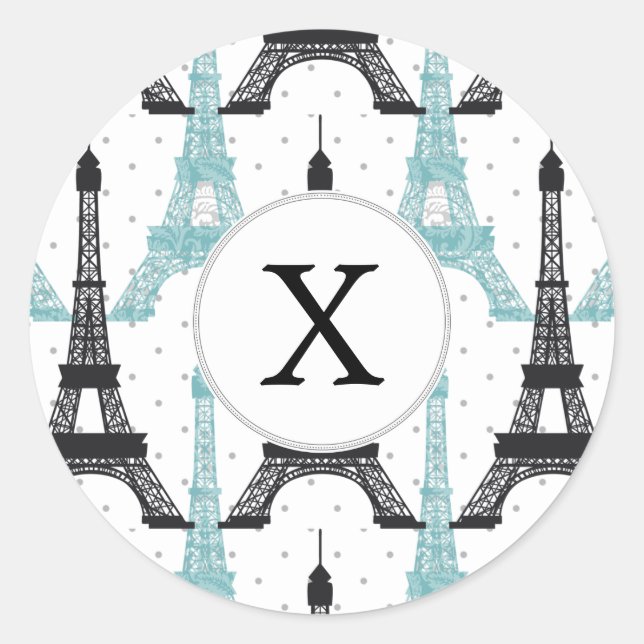 Monogram Aqua Chic Eiffel Tower Pattern Classic Round Sticker (Front)