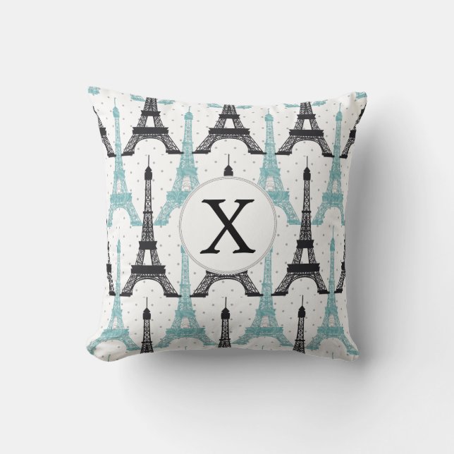 Monogram Aqua Chic Eiffel Tower Pattern Cushion (Front)