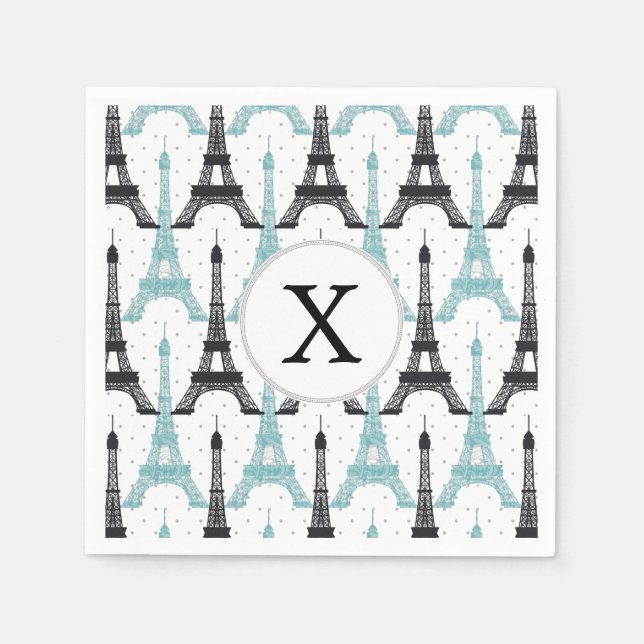 Monogram Aqua Chic Eiffel Tower Pattern Napkin (Front)