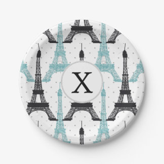 Monogram Aqua Chic Eiffel Tower Pattern Paper Plate