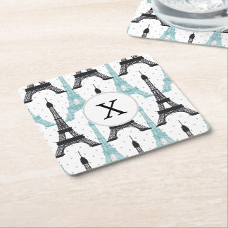 Monogram Aqua Chic Eiffel Tower Pattern Square Paper Coaster