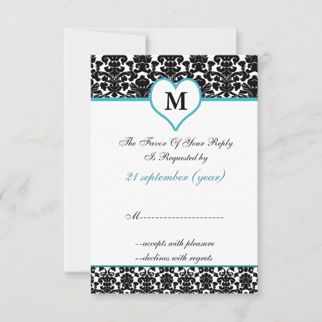 monogram aqua damask standard 3.5 x 5 rsvp (Front)