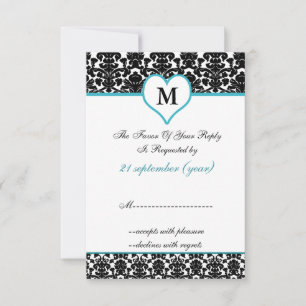 monogram aqua damask standard 3.5 x 5 rsvp card