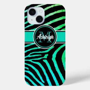 Monogram Aqua Green, Black Zebra Stripes iPhone 15 Case
