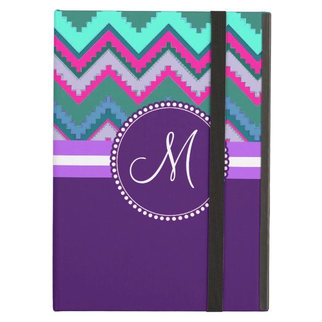 Monogram Aqua Teal Blue Pink Tribal Chevron Zigzag Case For iPad Air (Front Closed)