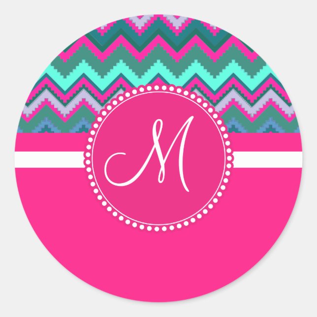 Monogram Aqua Teal Blue Pink Tribal Chevron Zigzag Classic Round Sticker (Front)